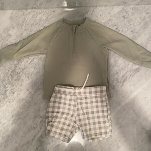 Petite Lem Green Long Sleeve Rashguard Top and Gingham Swim Trunks - 6-12 months